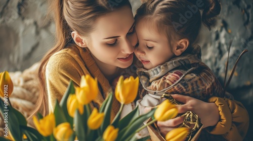 Little daughter hugging her mother and gives her a bouquet of flowers tulips at home. Happy Mother's day concept. #696929182