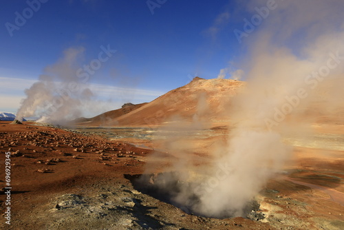 Hverarönd is a hydrothermal site in Iceland with hot springs, fumaroles, mud ponds and very active solfatares. It is located in the north of Iceland