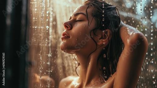 Portrait of beautiful woman standing taking bath. She holding hair with hand in the morning.
