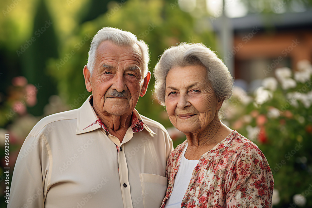Generative AI portrait of retired couple hugging spend time in green spring city park