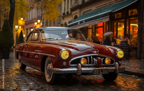 Oldtimer Auto, Classic Car bei Nacht in der Stadt, Generative KI © pwmotion