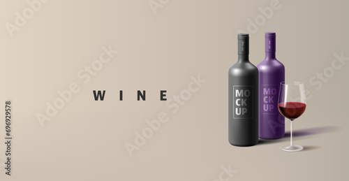 Wine bottles with wine transparent glass and red wine isolated. minimal concept label design, advertising promo poster