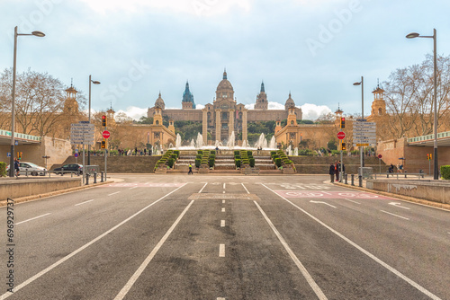 Photography View of Montjuic fountain and National Museum in Barcelona