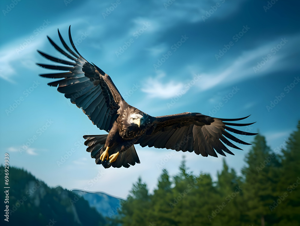Fototapeta premium A horizontal banner with an eagle flying in the sky. High quality