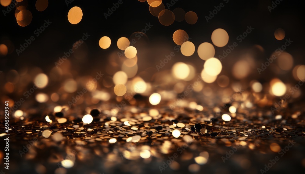 Golden light particles on navy blue background with black and gold abstract festive concept.