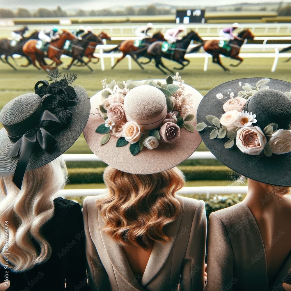 Three blond ladies in big hats with flowers stands in fan zone on sport field and watching on horse raising. Concept of sport betting, hobbies, animals, style.