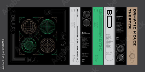 Template long ticket poster flyer flat globe line circle shape banner y2k editorial design graphic poster set typography lettering design space futuristic elements aesthetic retro print