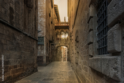 View of bridge between buildings in Barri Gotic quarter of Barcelona, Spain. © Paopano