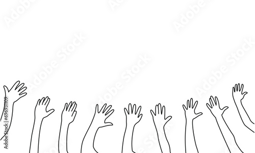 Raised hands Black and white Line art vector icon.