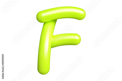 Curly neon lettering letter F in lime green. Graphic resource suitable for prints, artworks, mood boards and web advertisings. High quality 3D rendering.