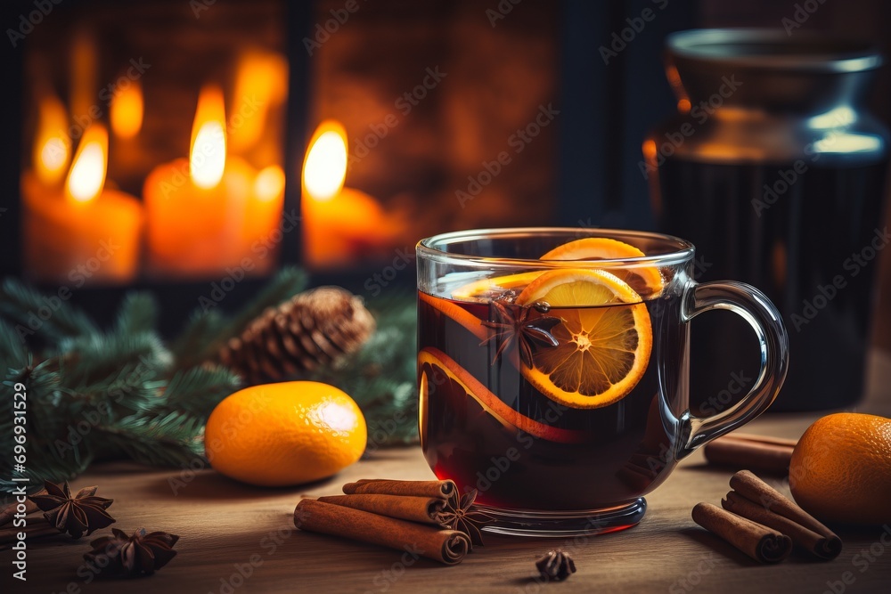 A clay mug filled with traditional mulled wine is beautifully decorated with an orange slice and a star anise A clay mug filled with traditional mulled wine is beautifully decorated with an orange slice and a star anise