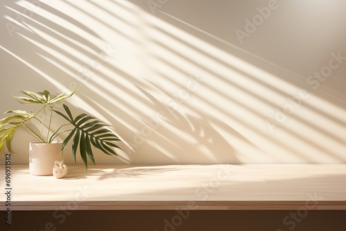 Organic skincare display on wooden counter table with sunlight and leaf shadow on beige wallpaper