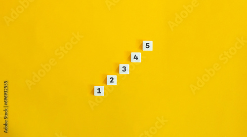 Step Method from One to Five on Block Letter Tiles on Yellow Background. Minimalist Aesthetics.
