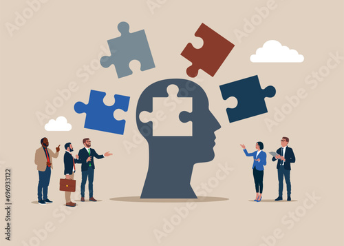 Head silhouette with puzzle pieces. Personality differences and individual thinking styles. Social community with different emotions, behavior. Flat vector illustration.