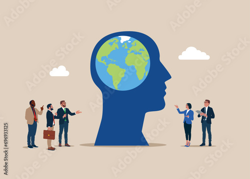 Hole in a head in the shape of globe. Worldwide business. International cooperation, business network. Flat vector illustration.