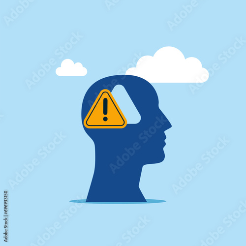 Hole in a head in the shape of exclamation point sign. Incident management, root cause analysis or solving problem, identify risk. Flat vector illustration.