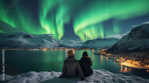 Couple sitting and watching the beautiful northern lights. Ai generate.
