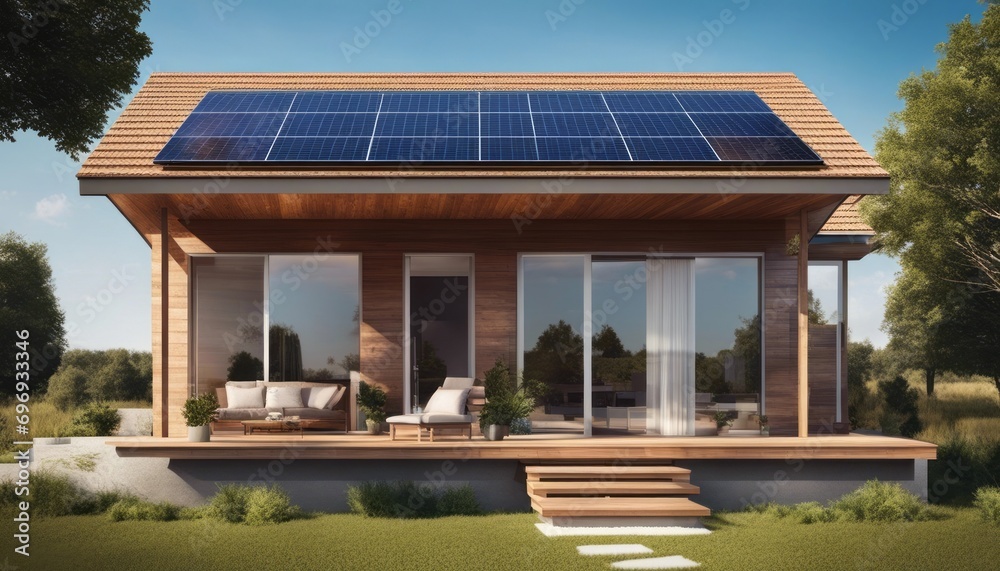 Newly constructed home with solar panels on the roof under a bright sky Newly constructed home with solar panels on the roof under a bright sky