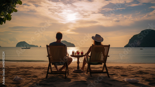Tourist couple drinking juice on the beach with sunset light in the background. Ai generate.