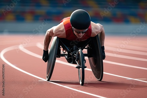 male athlete wheelchair racing red track stadium para athletics competition, summer sports games photo