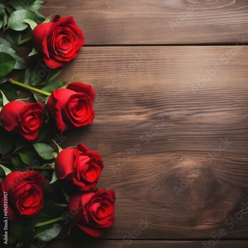 red roses on wooden table background
