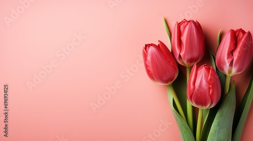 Vibrant red tulips on pink background with two thirds copy space for text customization