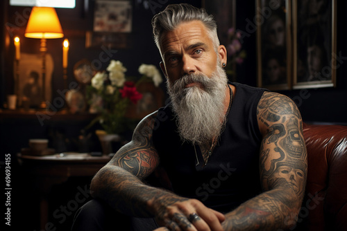 Professional male tattoo master relax in the bar after work generative ai concept