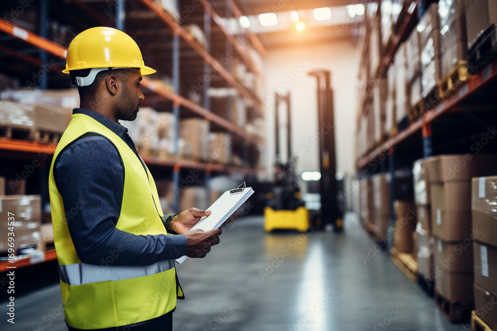 Generative ai image of employee at industrial enterprise postman sorting boxes in a post office Generative ai image of employee at industrial enterprise postman sorting boxes in a post office