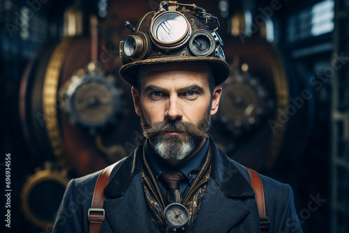 Portrait made with generative ai of a steampunk man wearing victorian old style costume