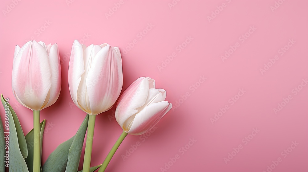 White tulips on pink background with ample copy space for text placement on the right side White tulips on pink background with ample copy space for text placement on the right side
