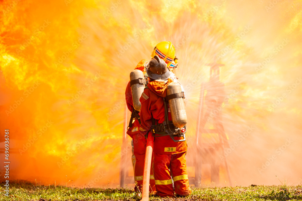 firefighter train fireman team extinguish spraying fire gas explosion
