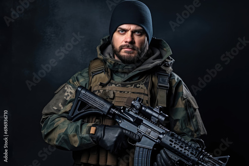Portrait of a young soldier with assault rifle on dark background.