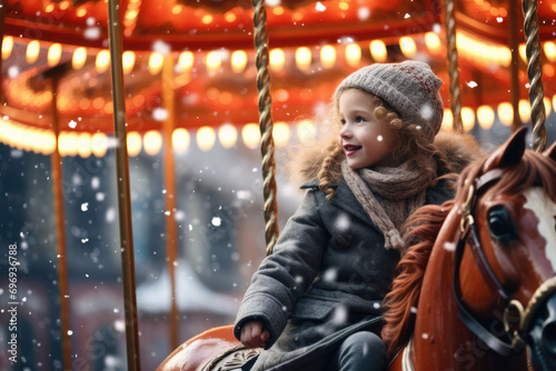 Adorable little girl having fun on a merry-go-round at Christmas time