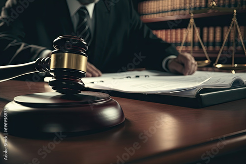 lawyer working with documents and gavel on wooden desk in courtroom © Kitta