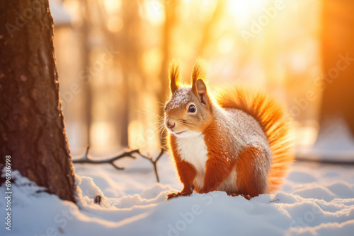 closeup shot of a cute little squirrel on the snowy ground © Kitta