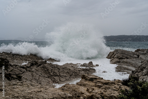Waves crashing during storm on a rocky shore