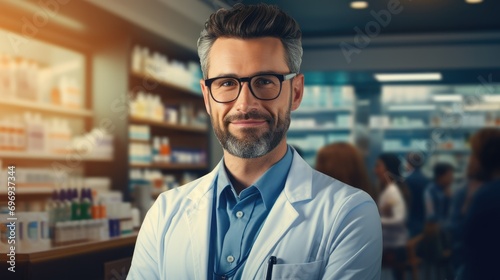 Pharmacist standing close to pharmacy shelves with medicines  photo