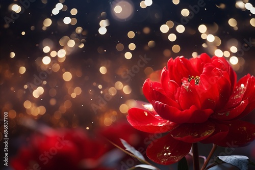 Red peony flower on magical bokeh background with spacious text area on the left side