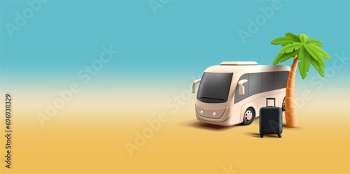 Summer bus tour 3d render illustration with bus, palm and black suitcase, beach tour with friends photo