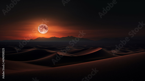 Brown Dunes landscape in the night with a red glowy full moon come into the horizon