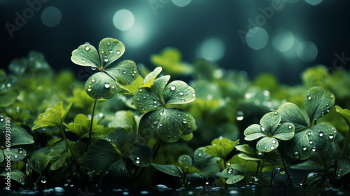Lots of clovers inside with water drops and green little plants with a blurry green background