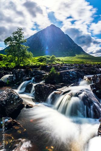 Waterfall under Buachaille Etive Mòr, River Coupall, Glen Etive and River Etive, Highlands, Scotland, UK photo