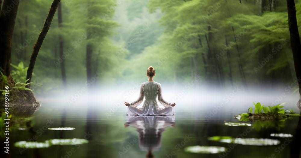 Behind view of young woman in white dress sitting on water surface in lotus yoga pose, relaxation and harmony concepts ,