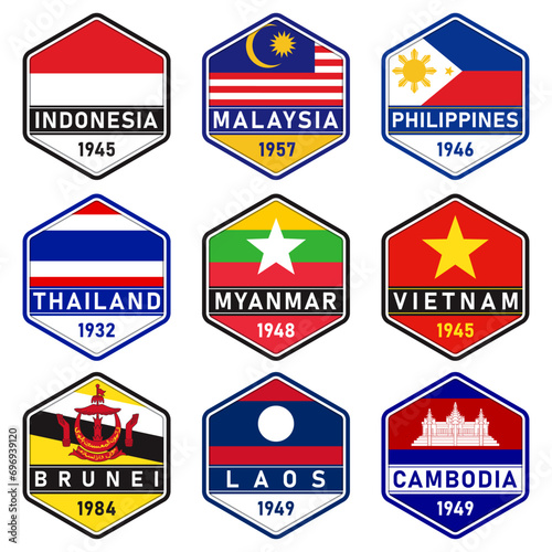 Collection of world countries flag badge logos. Southeast Asian country flags photo