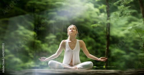Young woman meditating in green forest in mindfulness and spirituality concepts