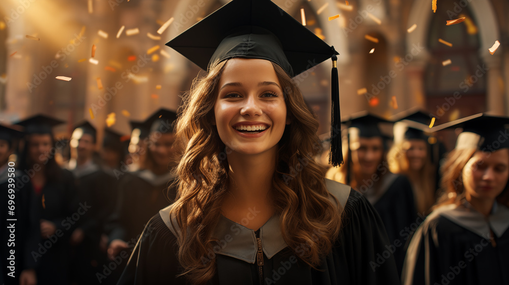 Obraz premium Happy graduate girl, against the background of group of graduates