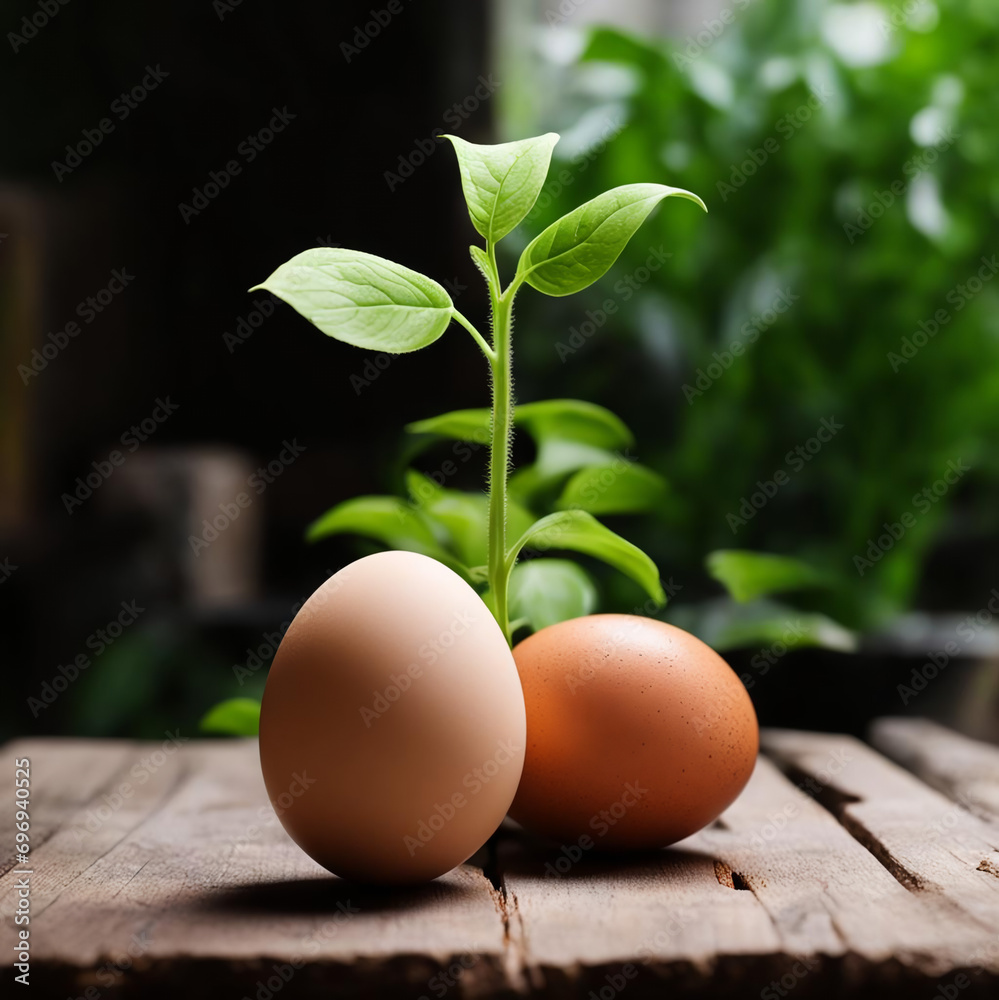 The eggs are lying next to a green plant. The eggs are lying next to a green plant.