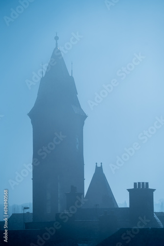 Silhouette of Newbury Town Hall in the Mist