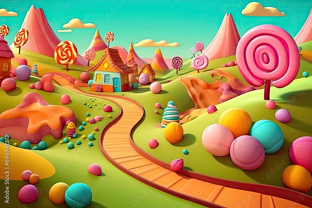 Sweet candy land Cartoon game background 3d vector illustration