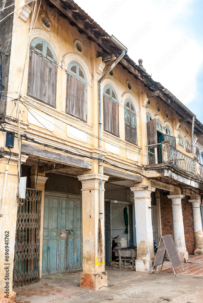 Old French colonial building along the Sangker river in Battambang, Cambodia, Asia